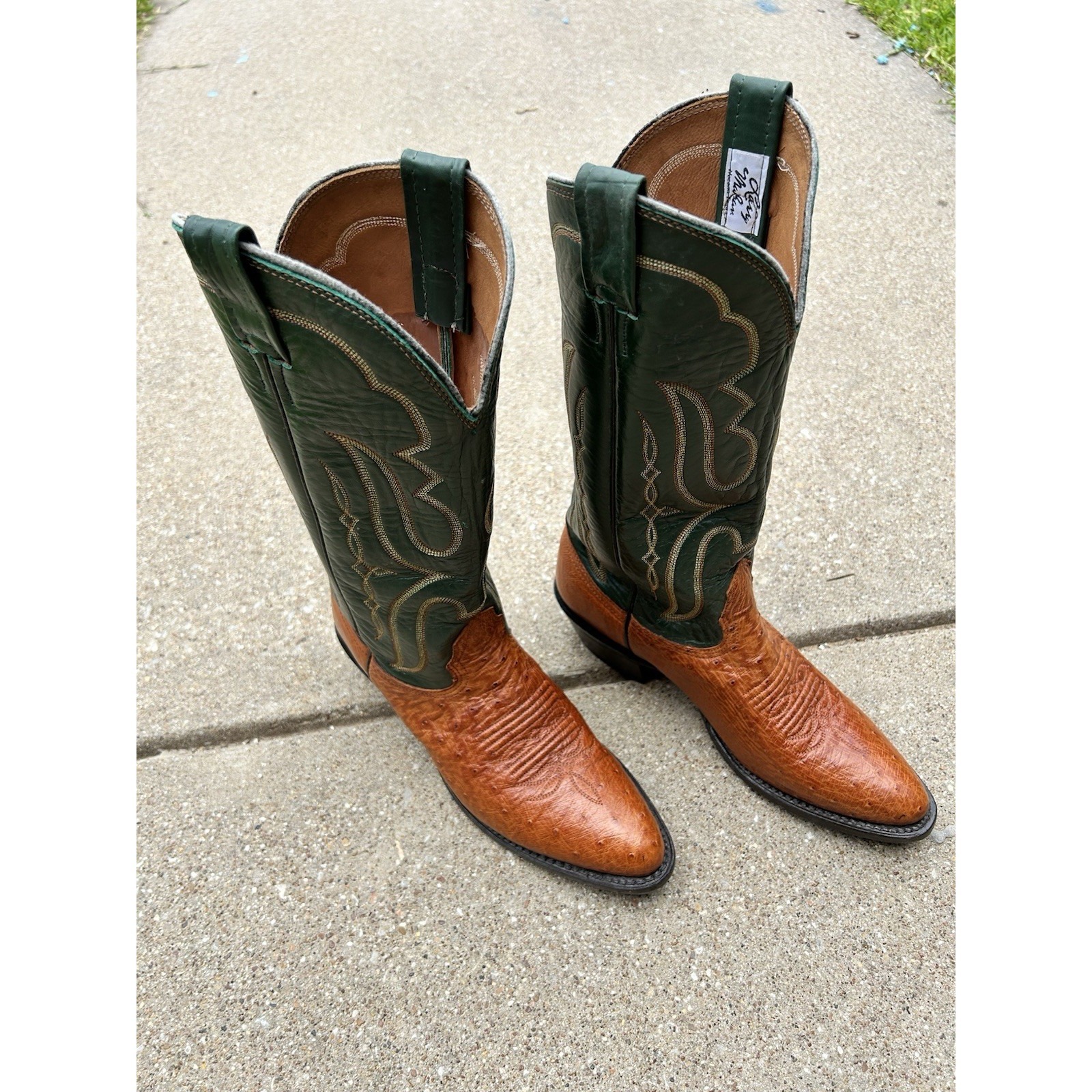 Vtg Larry Mahan Ostrich Western Cowboy Boots Men's 7.5b Women's 9 Green Cognac
